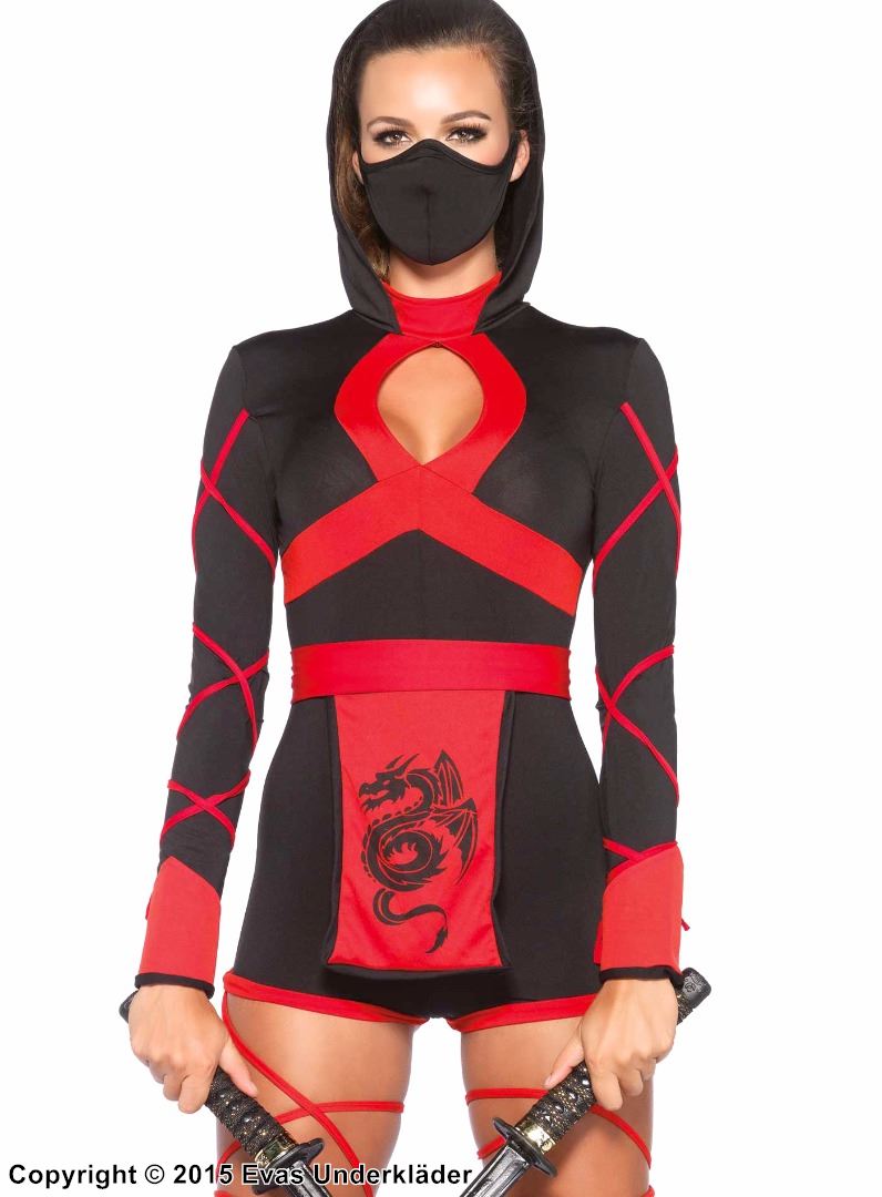 Kvinnlig ninja (aka kunoichi), maskerad-romper med förkläde, nyckelhål och huva